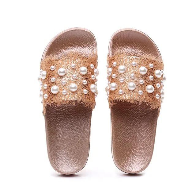 New summer pearl lace sandals flat-bottomed fashion sandals wear-resistant  women's slipper
