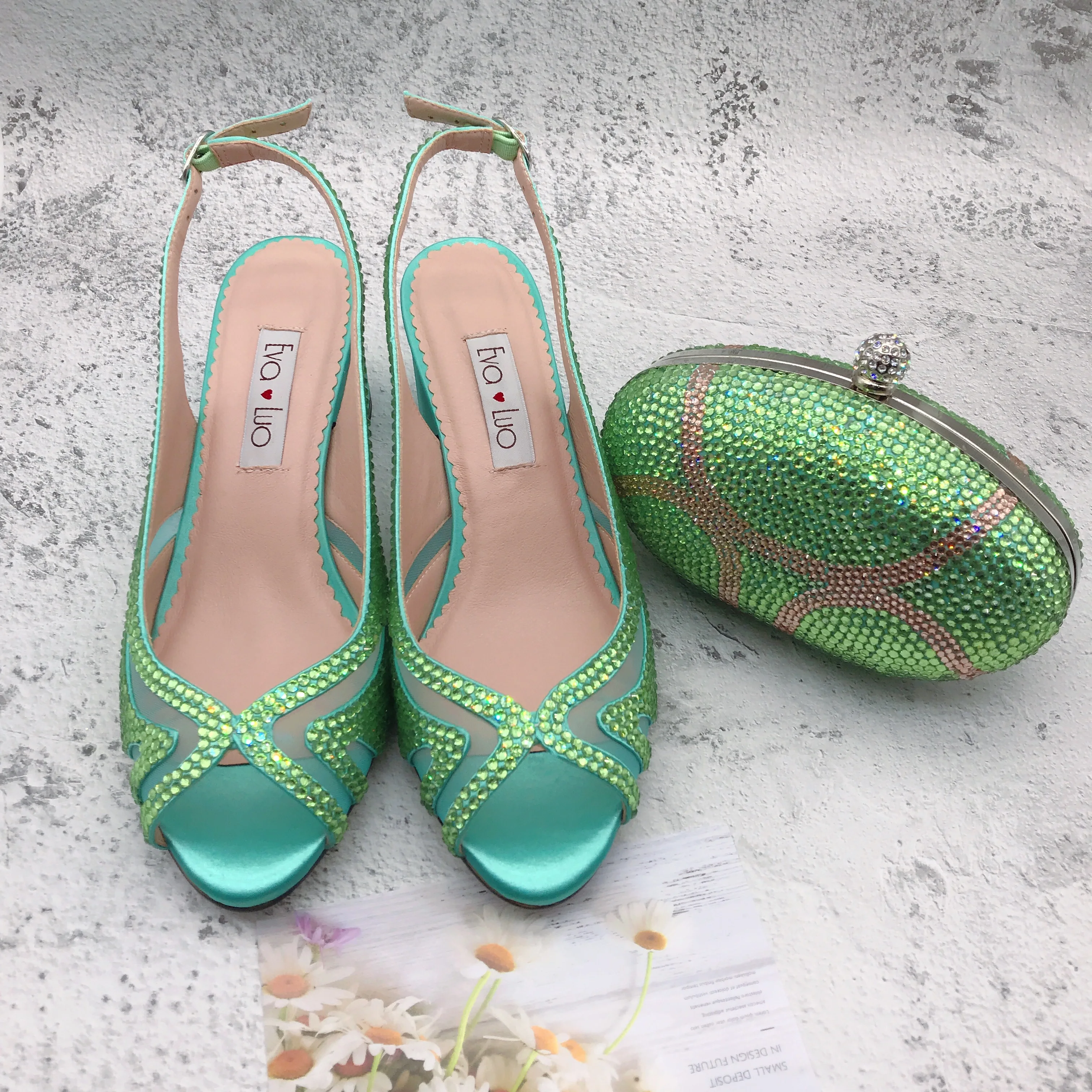 BS1251  Customizable Various Heel Women Shoes Dress Pumps  Bridal Wedding Shoes Mint Green  Crystal Shoes With Matching Bag Set