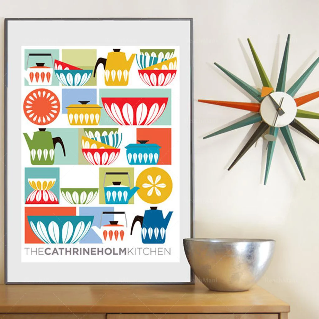 Cathrineholm Colorful Kitchen Art, Scandinavian Kitchen illustration print, Catherine Holm Bowls Poster Print, Mid Century Moder