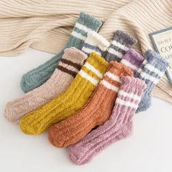 Women Striped Fluffy Socks Winter Warm Sleeping Fuzzy Socks Coral Fleece Home Floor Bed Wool Cozy Socks Meias Calcetines Mujer