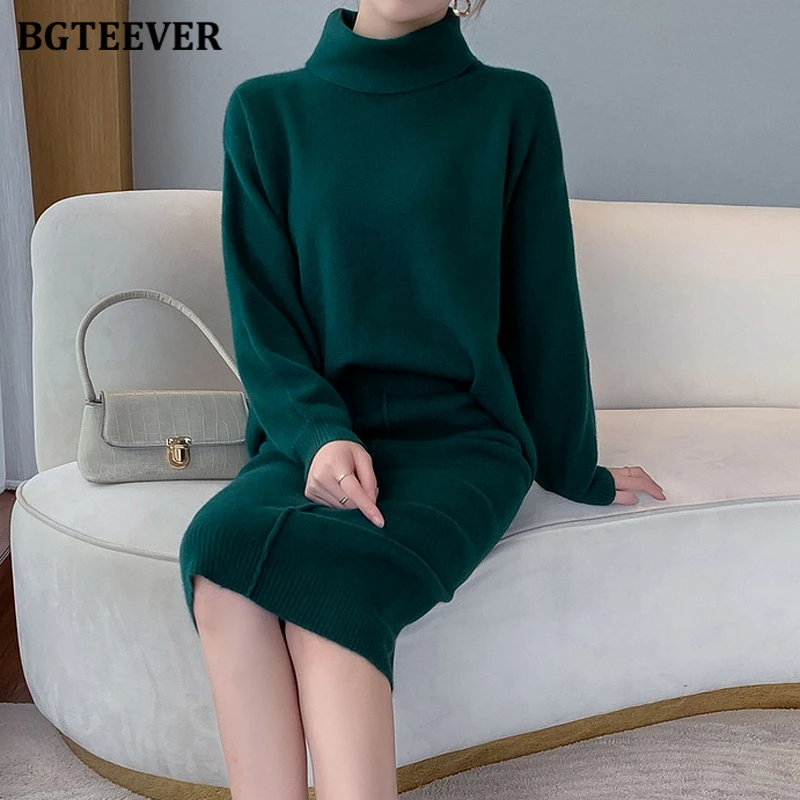 BGTEEVER Elegant Women Thicken Warm Loose 2 Pieces Knitted Set Turtleneck Long Sleeve Sweaters & Pencil Midi Skirts 2021 Autumn