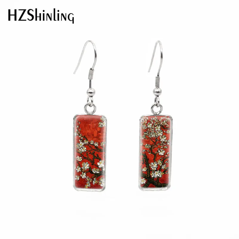 2019 New Branches Of An Almond Tree In Blossom Fish Hook Earring Van Gogh Art Paintings Rectangular Earrings Glass Jewelry