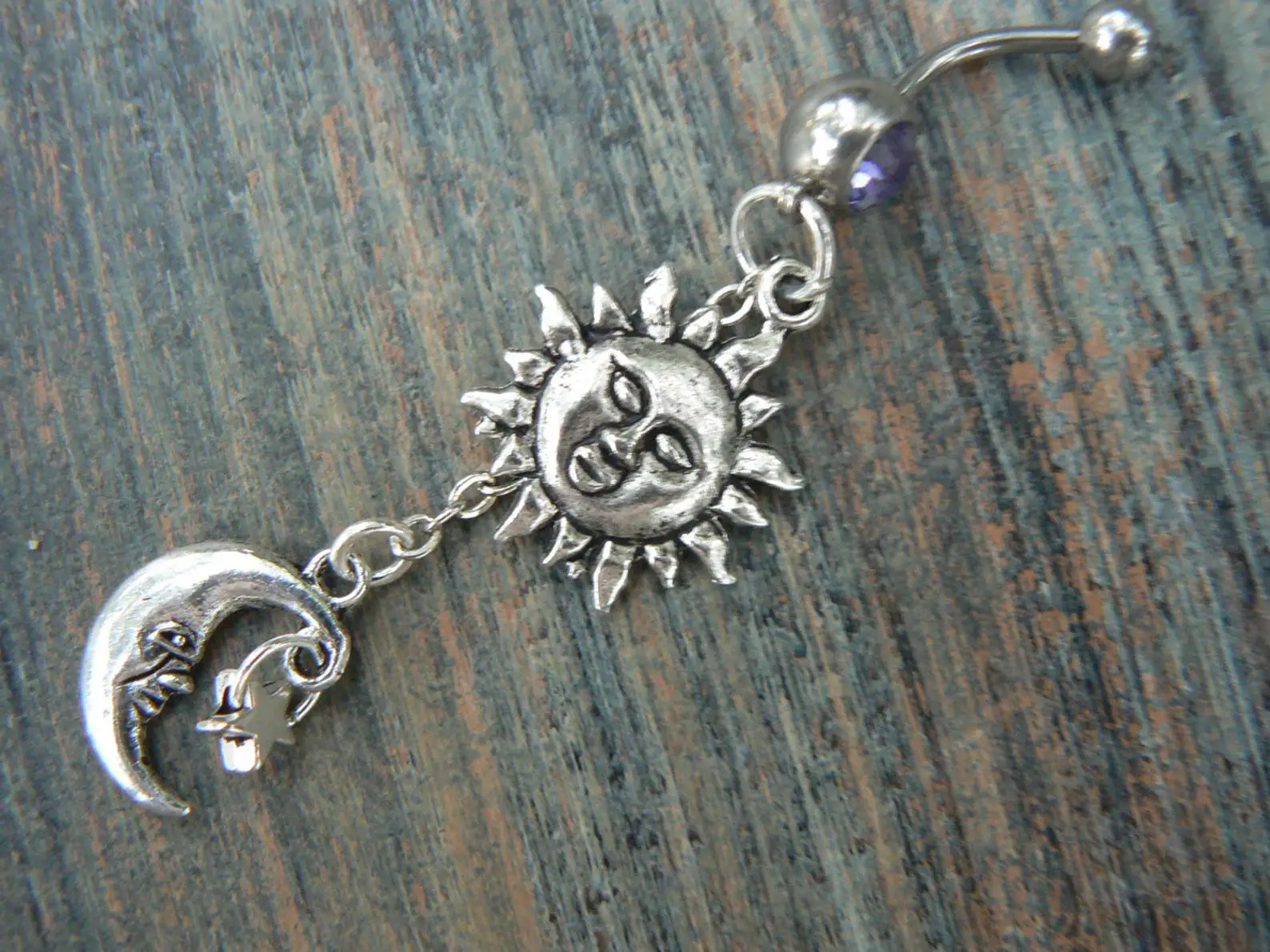 The sun and moon belly ring purple stones stars sun moon goddess celestial boho belly dancer pagen gypsy tribal fusion