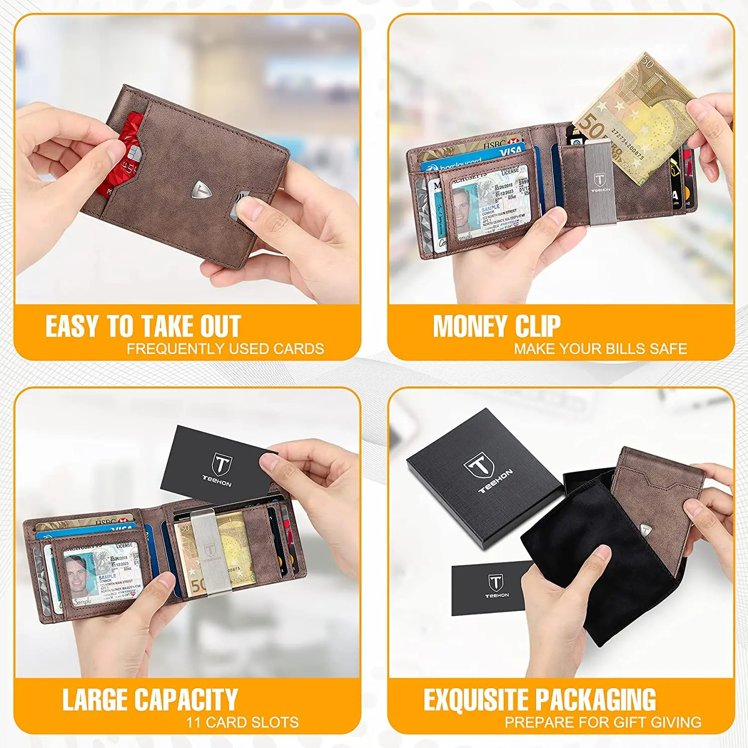 Genuine Leather MIni Small Wallet Men Slim Money Clip RFID Blocking Bifold Credit Card Holders