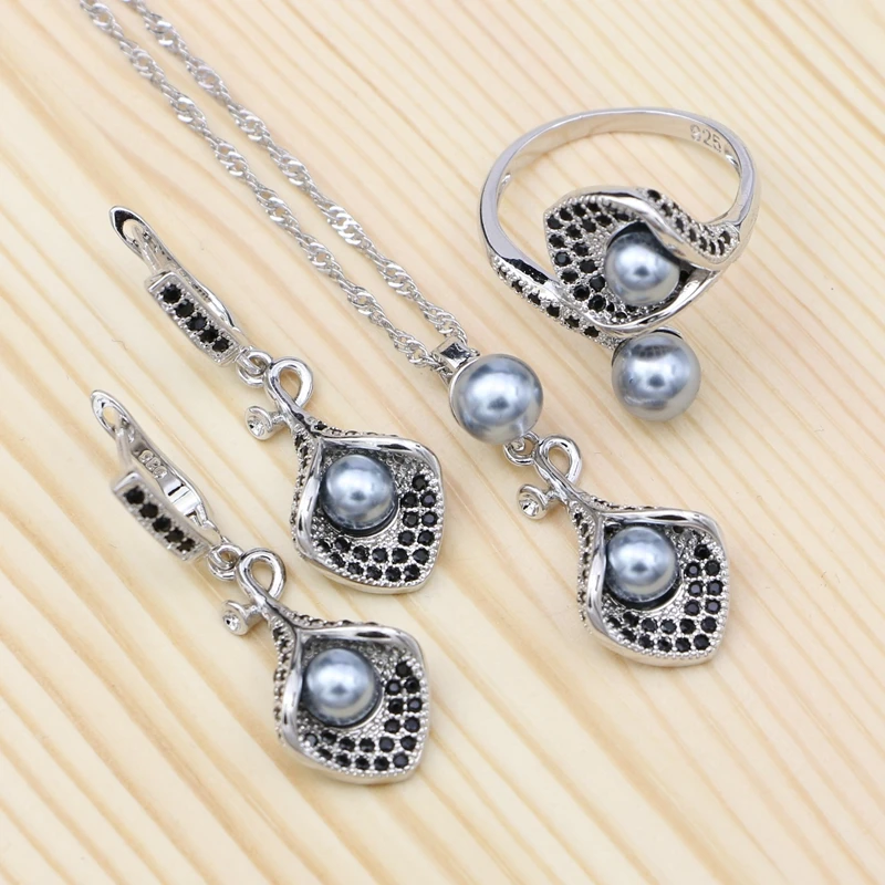 

Gray Pearl 925 Silver Jewelry Sets Black Cubic Zirconia For Women Party Horn Shape Earrings Open Ring Pendant Necklace Set