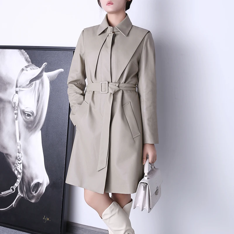 Sand Gray Leather Jacket For Women 2024 Fall Winter New Fashion Pointed Collar Waist Belt  Midi Windbreaker Mujer Outwear Coat