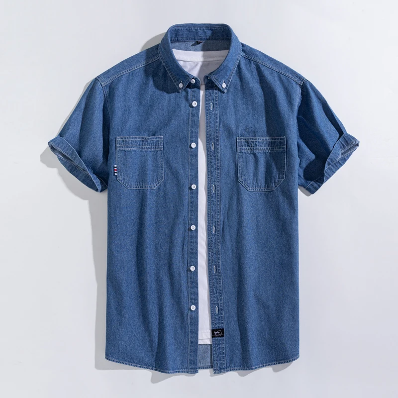 Men\'s Denim Shirts Short Sleeve Cotton Slim cotton Jeans Denim Shirts Men Summer High Quality Pockets Shirt Men Clothing