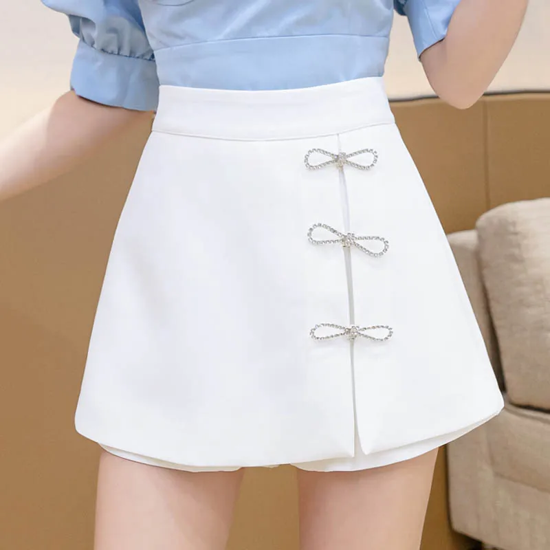 Spring summer high waist shorts skirt Rhinestone chic bow kawaii shorts women 2024 korean style cute clothes elegant short femme