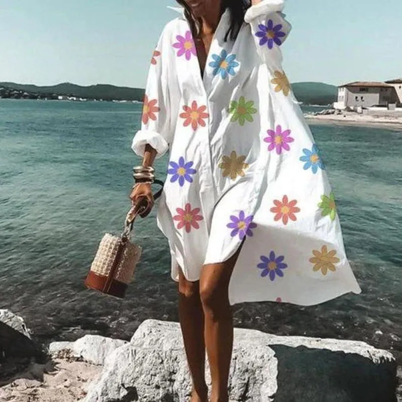 Camicia allentata da donna abito da spiaggia 2020 abito estivo con bottoni sul colletto rovesciato abito da festa a maniche lunghe con stampa