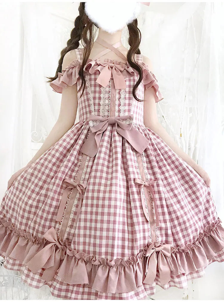 Prinzessin tee party rosa süße lolita kleid vintage spitze bowknot gitter viktorianischen kleid kawaii mädchen gothic lolita jsk loli cos