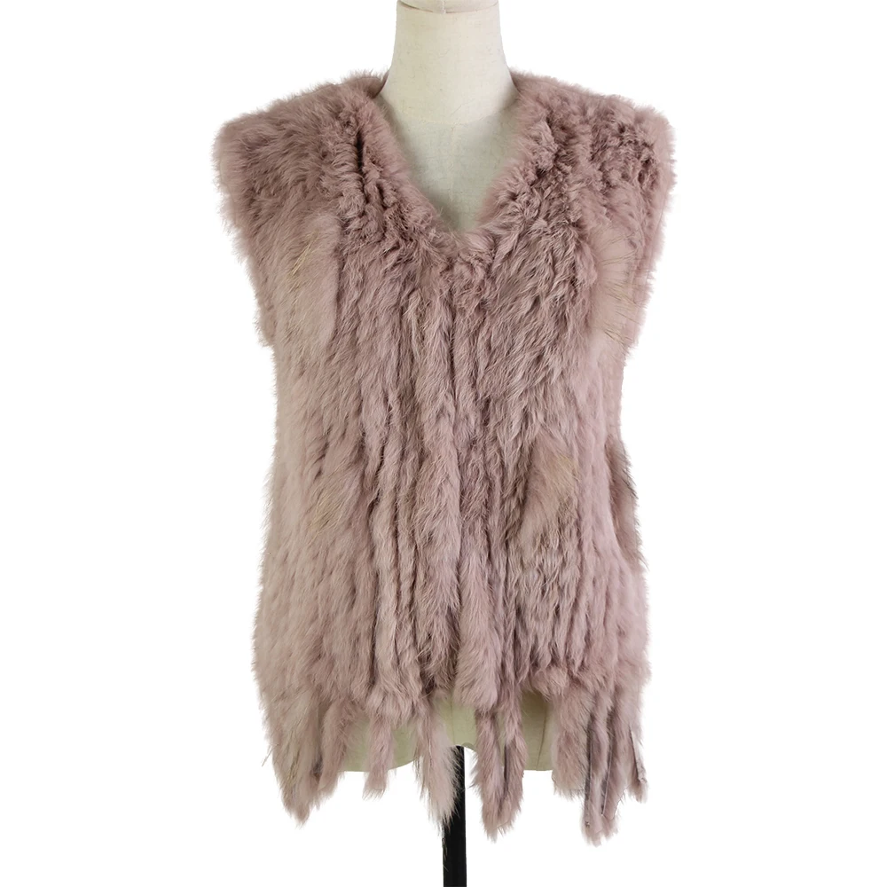 Harppihop*Knit knitted handmade Rabbit fur vest gilet sleeveless garment waistcoat