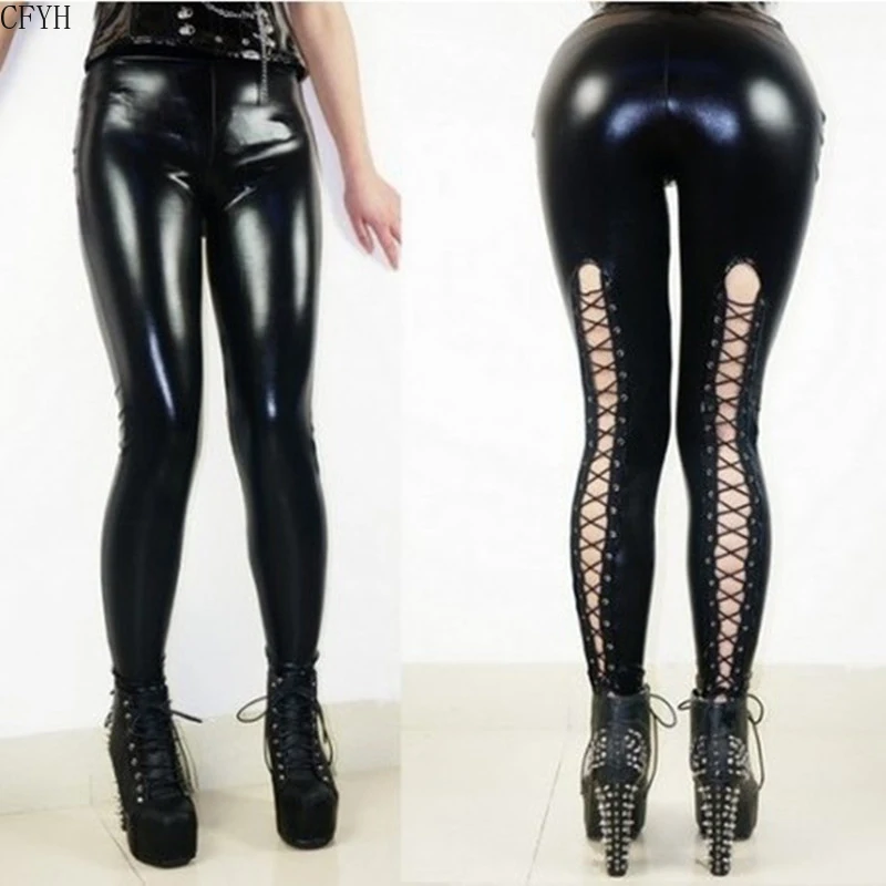 Sexy Back Bandage Skinny Leggings Latex Women Legging Pants Lace Up Black Pencil Pants Faux Leather Gothic Punk Clubwear