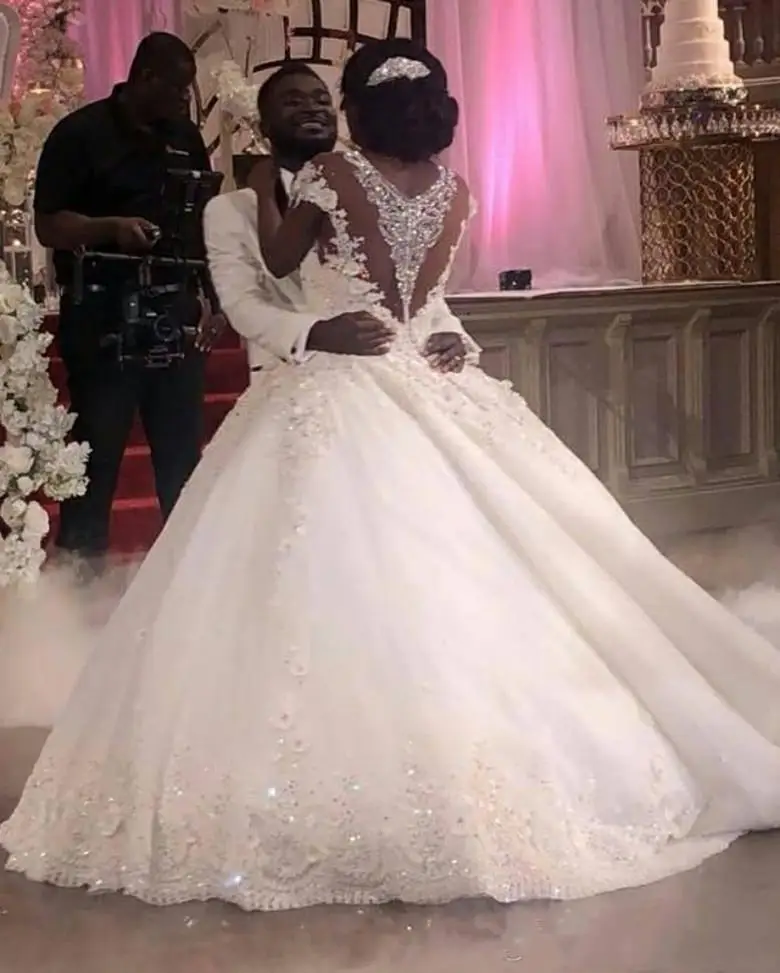 Vestidos de casamento africanos com lantejoulas personalizados, plus size, bola, pescoço transparente, manga, flor, renda, vestidos de noiva personalizados