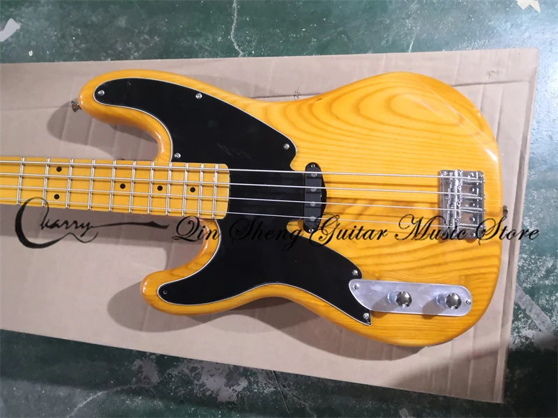 Left Hand Bass Guitar 4 String Tel Bass Yellow Ash Body Maple Wood Fixed Bridge Black Pickguard