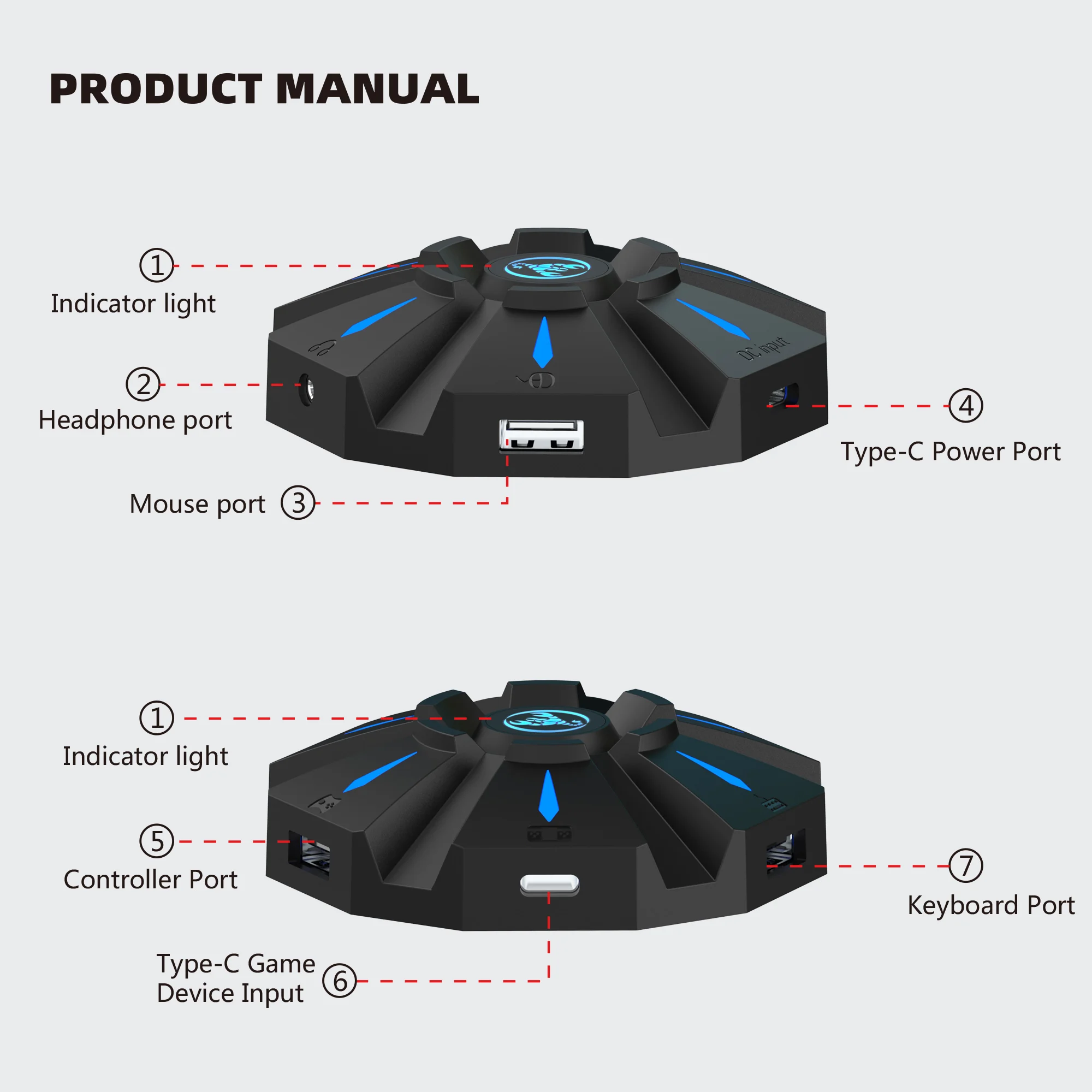 Convertidor de teclado y ratón de 7 puertos, adaptador de Base tipo c, controlador USB para PS4, Xbox One, PS3, Xbox 360 y n-switch