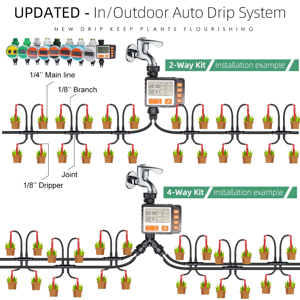 Garden Automatic Watering System 4/7mm to 3/5mm Hose with Timer Kit Micro Drip Irrigation Elbow Arrow Emitter for Bonsai Plants