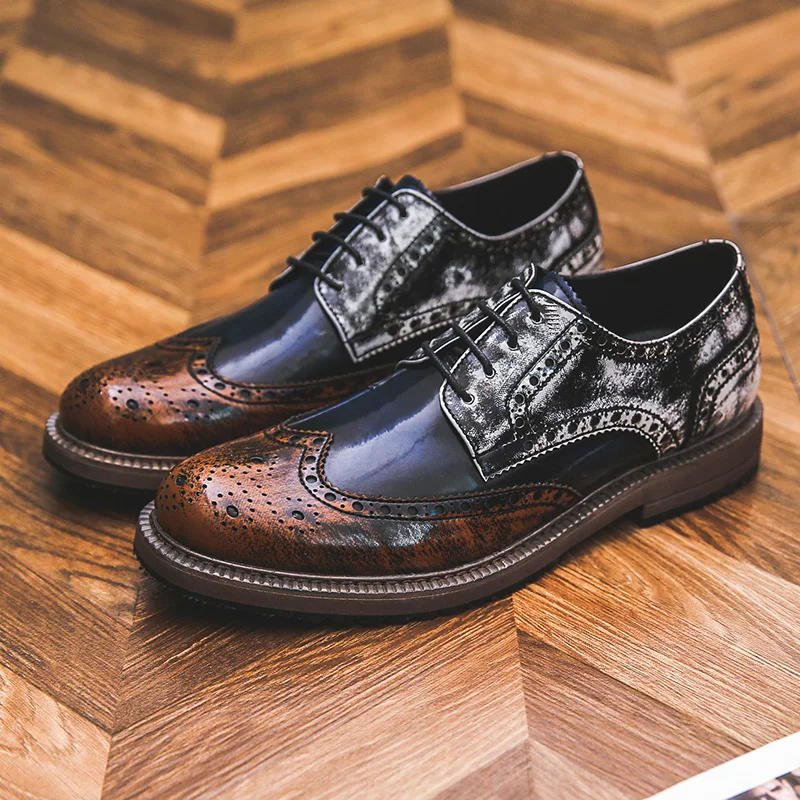 Yomior British Fashion Men Shoes Vintage Formal Dress Leather Shoes Autumn Office Party Wedding Loafers Brogue Shoes Oxfords