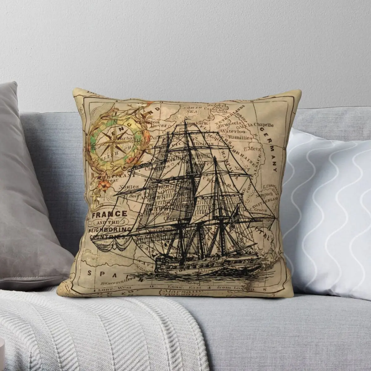 

Vintage Pirate Ship Sailor Antique World Map Square Pillowcase Polyester Linen Velvet Zip Decor Throw Pillow Case Sofa Cushion