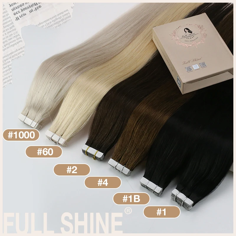 Full Shine Tape em extensões de cabelo, cabelo humano remy, marrom escuro, alisamento invisível, 100% Remy, 12-24in