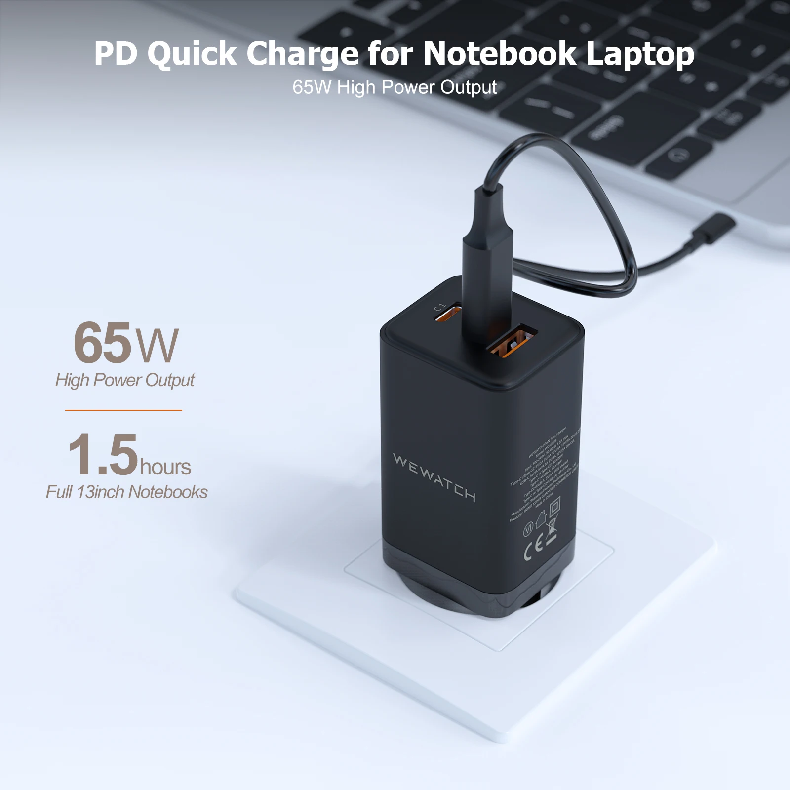 WEWATCH 65W GaN รวดเร็วชาร์จ2C1A พอร์ตประเภท C PD USB ชาร์จไฟแบบพกพา Travel Fast Charger สำหรับแล็ปท็อป Iphone