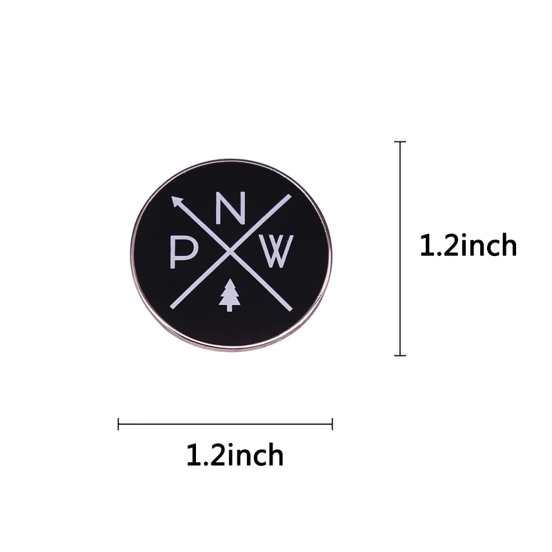 Pacific Northwest brooch landmark Compass PNW enamel pin Arrows oregon washington Tree logo White on Black Minimal Art badge