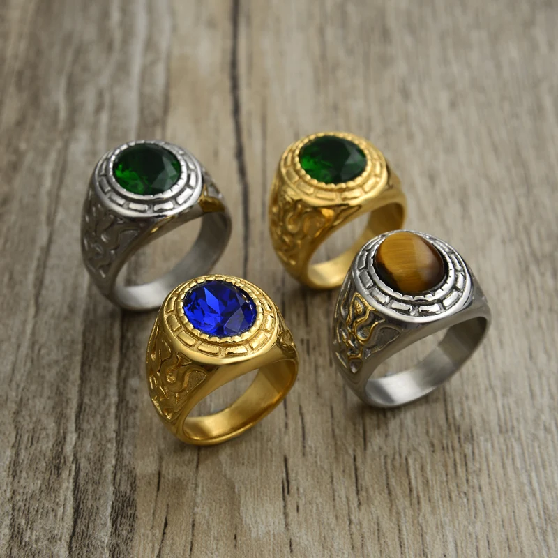 Men\'s Gold Color Vintage Ring Green Crystal Stone Ring Stainless Steel Wedding Band Crystal Anillos Mujer Jewelry