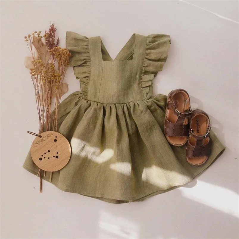 Cotton Linen Girls Strap Dress Ruffles Lace Kids Beach Dress Summer Toddler Girls Bohemian Style Clothing 0-6Yrs Kleid/robe