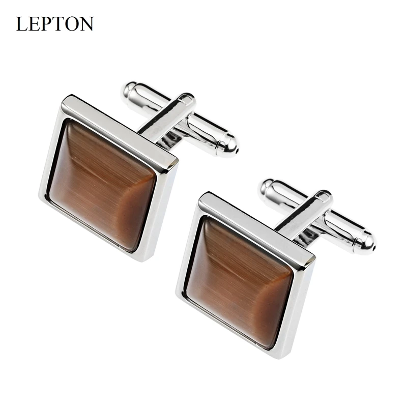 Low-key Luxury Brown Stone Cufflinks for Mens Lepton Square Silver Color Metal High Quality Man French Shirt Cuffs CuffLink