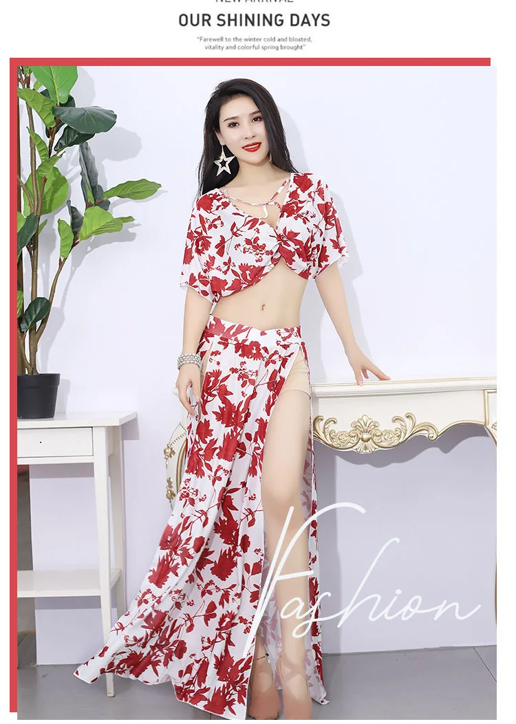 Women Belly dance costume summer new Ms printed water yarn performance suit suit oriental dance performance dance group costume
