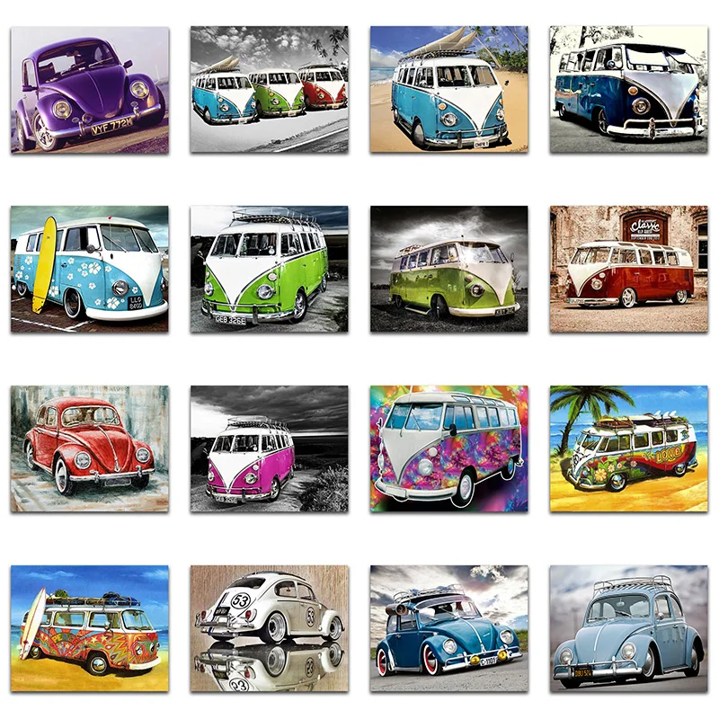 5D Diamante Pintura Set Kit, Ponto Cruz, Diamante dos desenhos animados, Mosaico Cor, VW Car, Praça cheia, Bordado, Autos Ferramentas