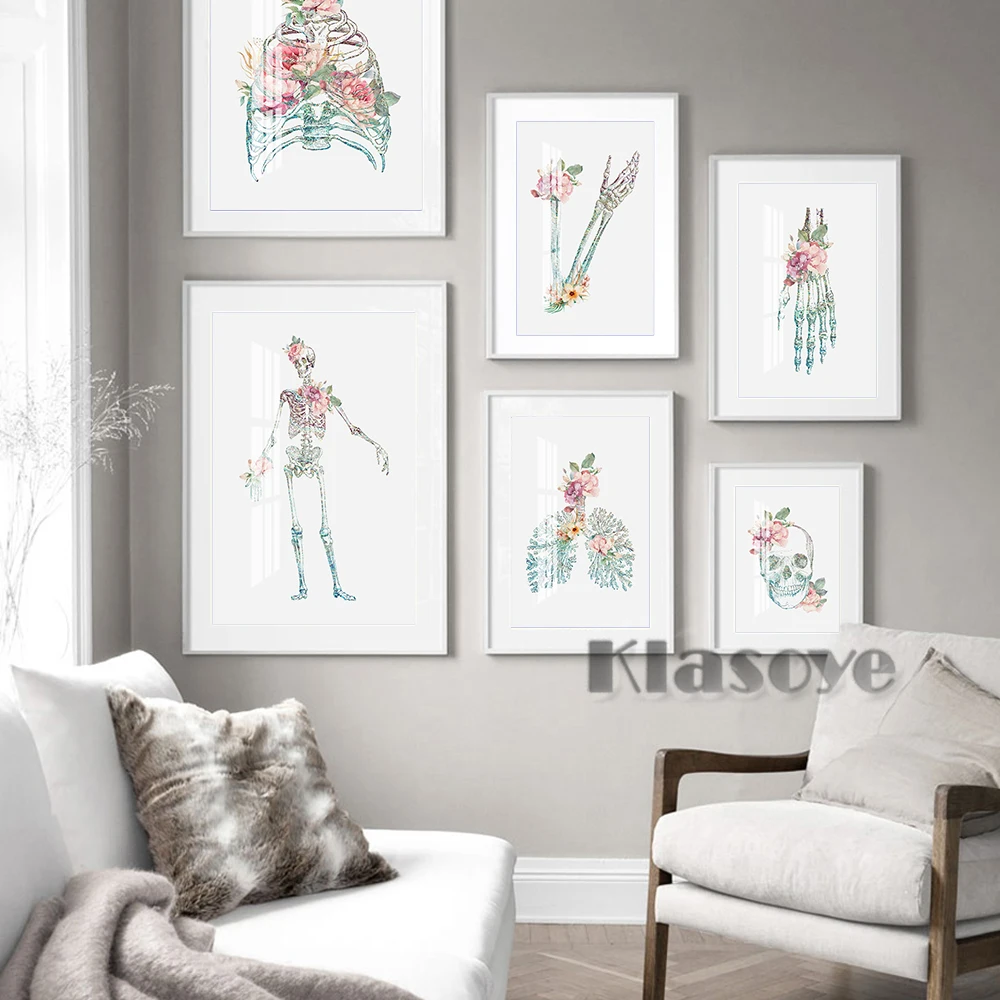 Human Body Skeleton Poster Flower Dissection Art Hospital Prints Picture Decoration Gift Psychologist Office Canvas Painting