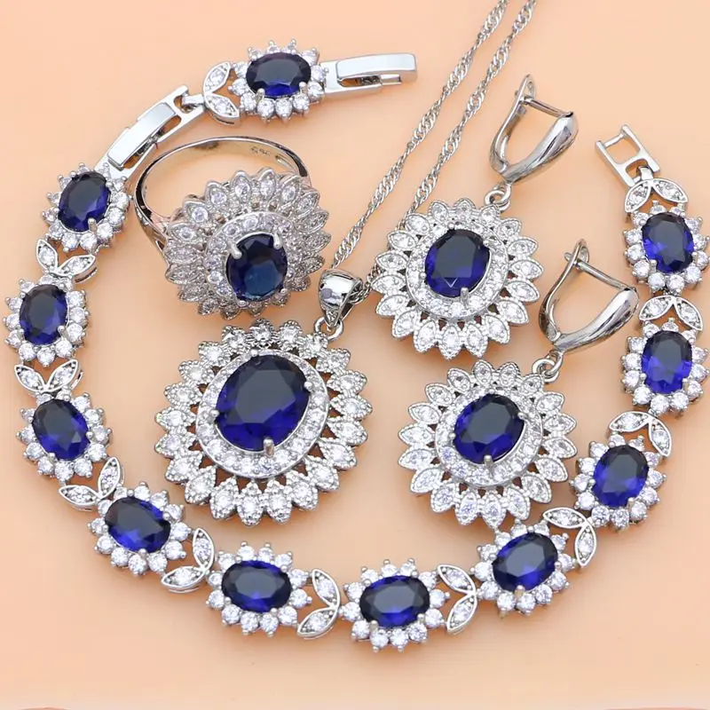 Natural Oval Blue Zircon White CZ Silver 925 Jewelry Sets For Women Party Earrings/Pendant/Necklace/Rings/Bracelet Dropshipping