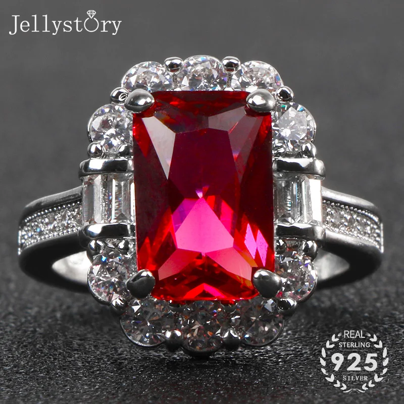 Jellystory vintage charms ring 925 sterling silver jewelry with rectangle shape ruby gemstone wedding engagement party gift ring