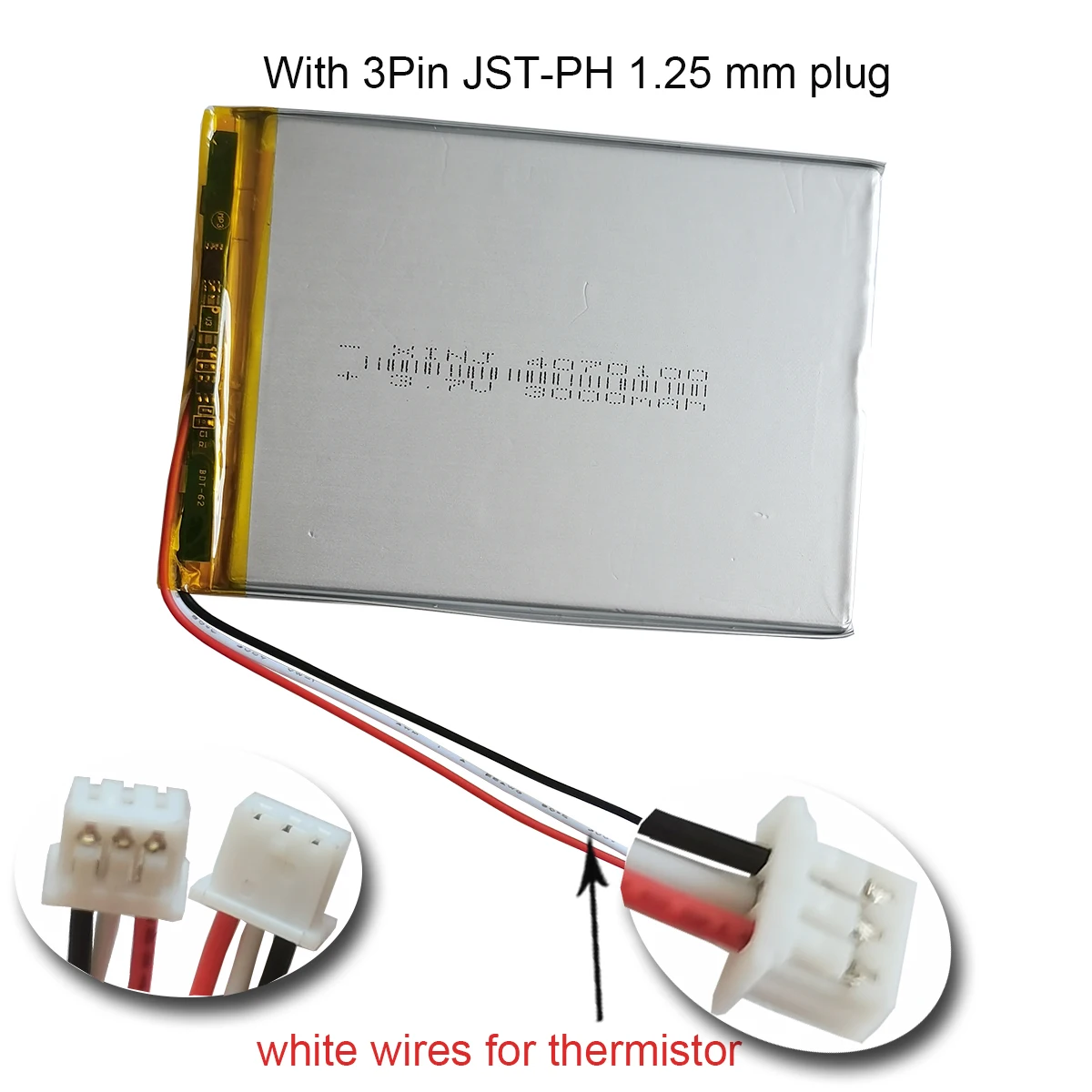 3.7V 3000mAh 11.1Wh Akumulator 3-przewodowy z termistorem litowym 4070100   Złącze JST 3pin 1.0 1,25 mm do tabletu GPS