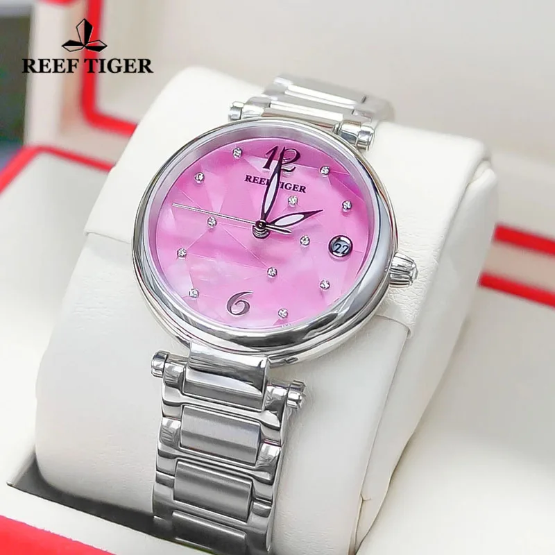 Reef Tiger/ RT Pink Dial Fashion Diamond Women Watches Stainless Steel Bracelet Miyota Movement Automatic Mechanical Watch