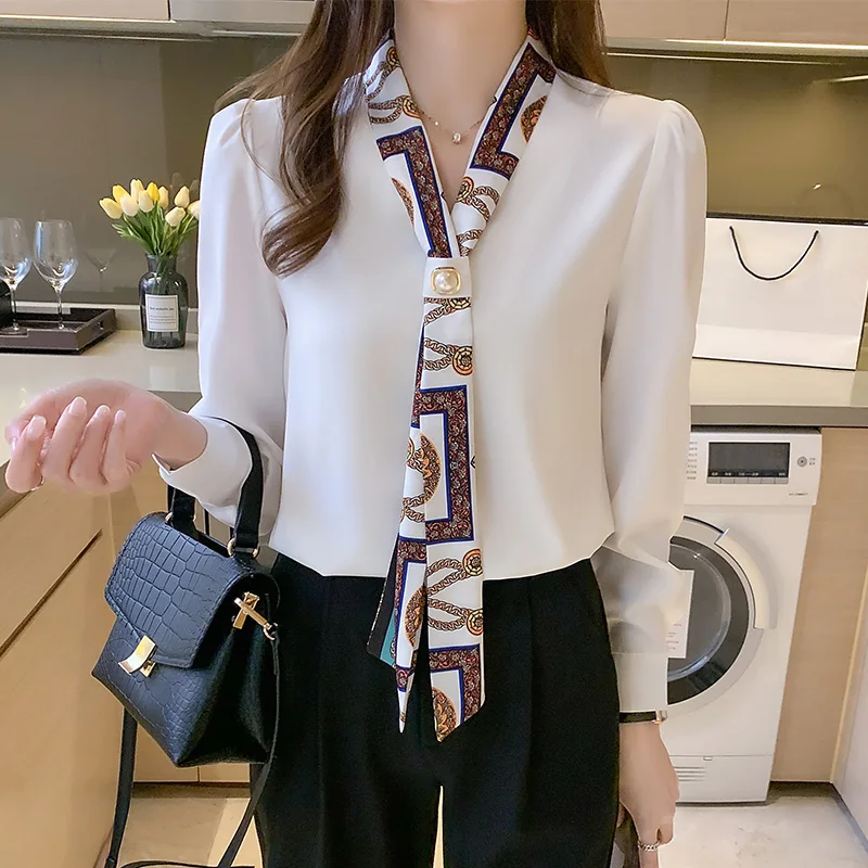 Blouses Vrouwelijke Elegante Mode Kantoor Dame Boog Solid Chiffon Shirts Vrouwen Kleding Lente Herfst Lange Mouw V-hals Trui Top