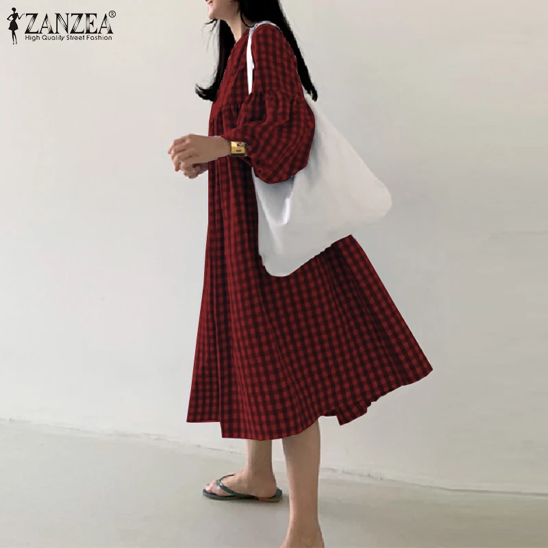 Women\'s Check Dress 2023 ZANZEA Vintage Autumn Dress Casual Puff Sleeve Midi Vestidos Female O Neck Robe Femme Oversized