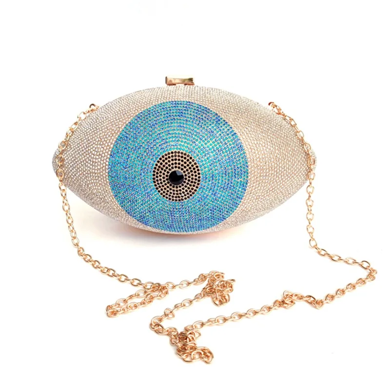 Fashonable Crysatal Shape Rugby Big Blue Eyes Ladies Shoulder Bridal Party Wallet Girl Crossbody Bag Rhinestone Jewely Purse