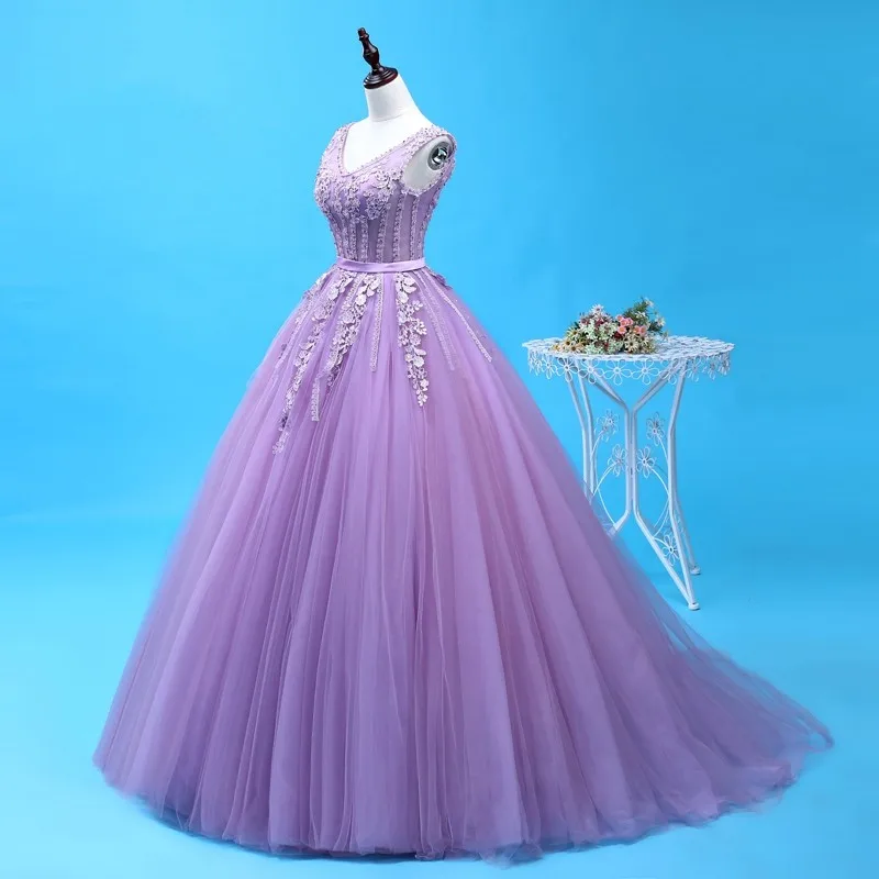 Vestido de quinceañera lila con cuello en v para fiesta, traje Sexy Formal con apliques de flores 3D, hasta el suelo, tul dulce 16, vestidos de princesa, 2021