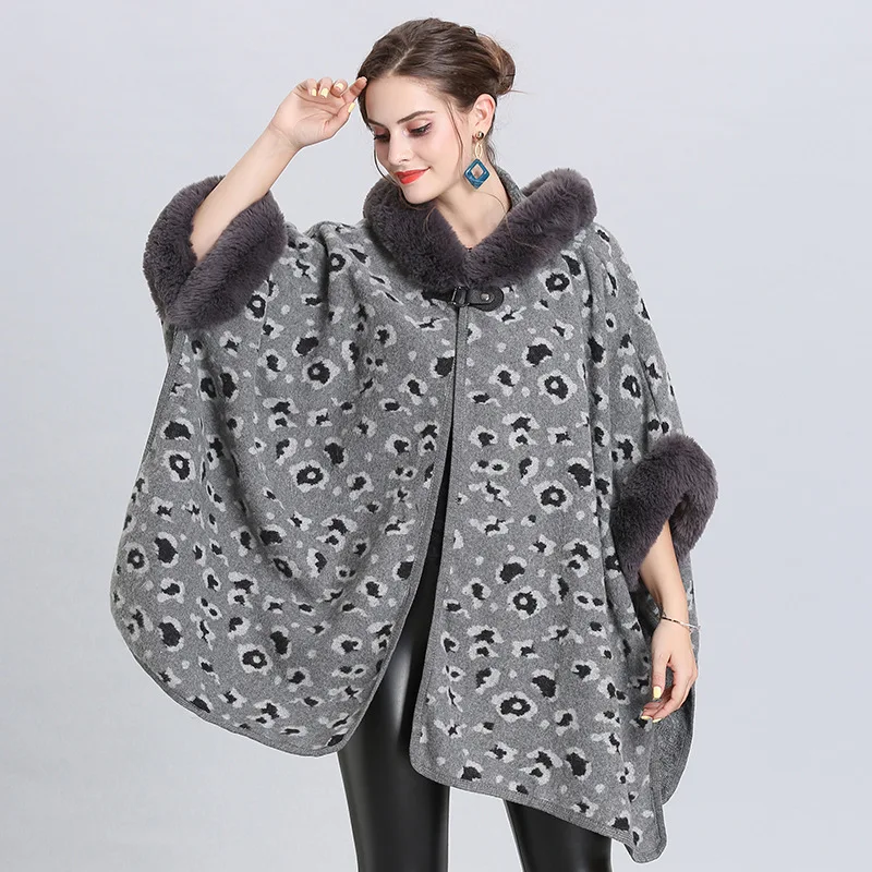 

Leopard Big Poncho Women Winter Warm Fur Hooded Capes 2021 New Fur Collar Winter Warm Capes Women Loose Cloak Coats Lady Outwear