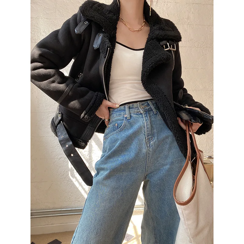 FTLZZ New Winter Motorcycle Leather Jacket Women Thick Warm Turn-down Collar Fur Jacket with Belt Female High Street Short Coat