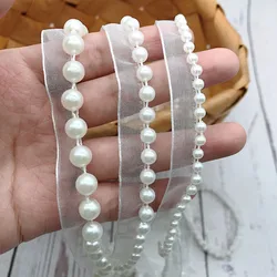 3Yards/Lot Pearl Ribbon Lace Fabric Trim Imitation Pearl Beaded Lace Fabric Wedding Dress Headdress DIY Decoration Sewing Supply