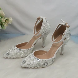 Womens Wedding Shoes Bridal Sandals Shoes Woman Thin Heel Crystal Party Dress Shoes Woman High Pumps white Pearl Wedding shoes