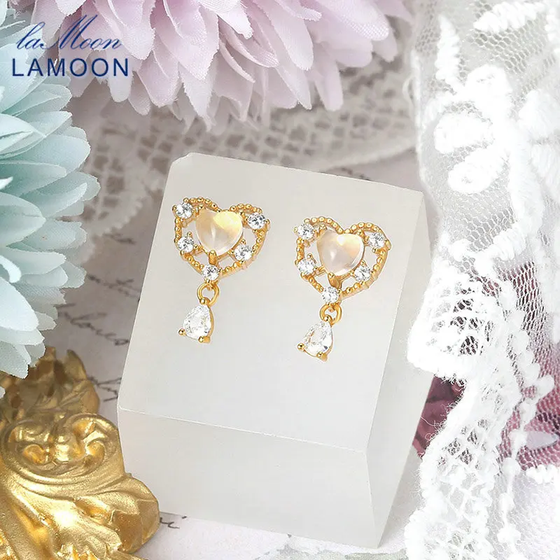 LAMOON Vive Sweety Heart 925 Silver Stud Earring For Women Natural Rose Quartz Gemstone 14K Gold Plated Fine Jewelry LMEI133