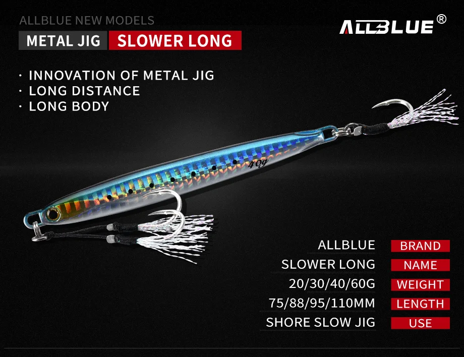 ALLBLUE SLOWER Langer Metall-Jig-Angelköder für Slow-Cast-Jigging, 20G 30G 40G 60G, Künstlicher Metallköder für Uferangeln, Meeresangelzubehör – Detail 1