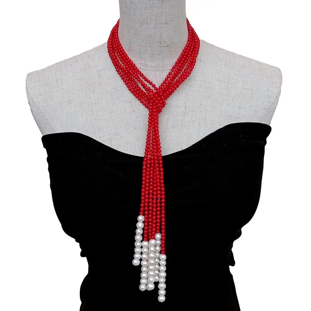 Y·YING 3 Rows 4mm Red Coral Cultured White Pearl Lariat Long sweater chain Necklace  50
