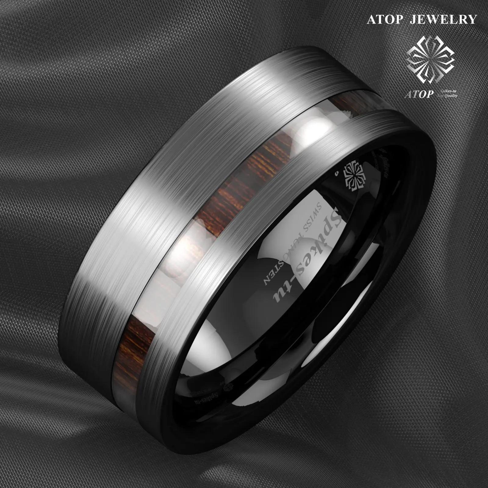 8mm Black Brushed Tungsten Carbide Ring Off Center Koa Wood Wedding Band Ring Customized Jewelry