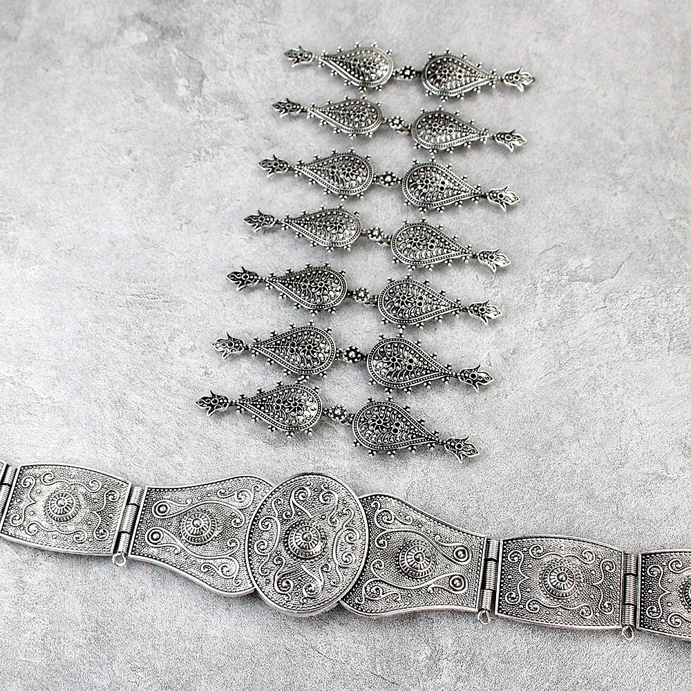 Sunspicems Retro Vintage Caucasus Waist Belt Breastplate Bib Sets for Women Antique Silver Color Dancer Jewelry Body Chain Gift