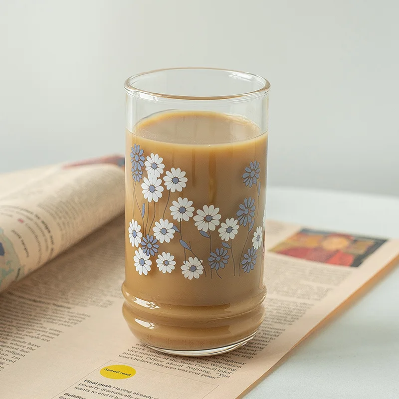 French Vintage Glass, Heat-Resistant, Fresh Platycodon Flower Printing, Milk Cup, Home Restaurant, Thickened Water, Coffee Juice