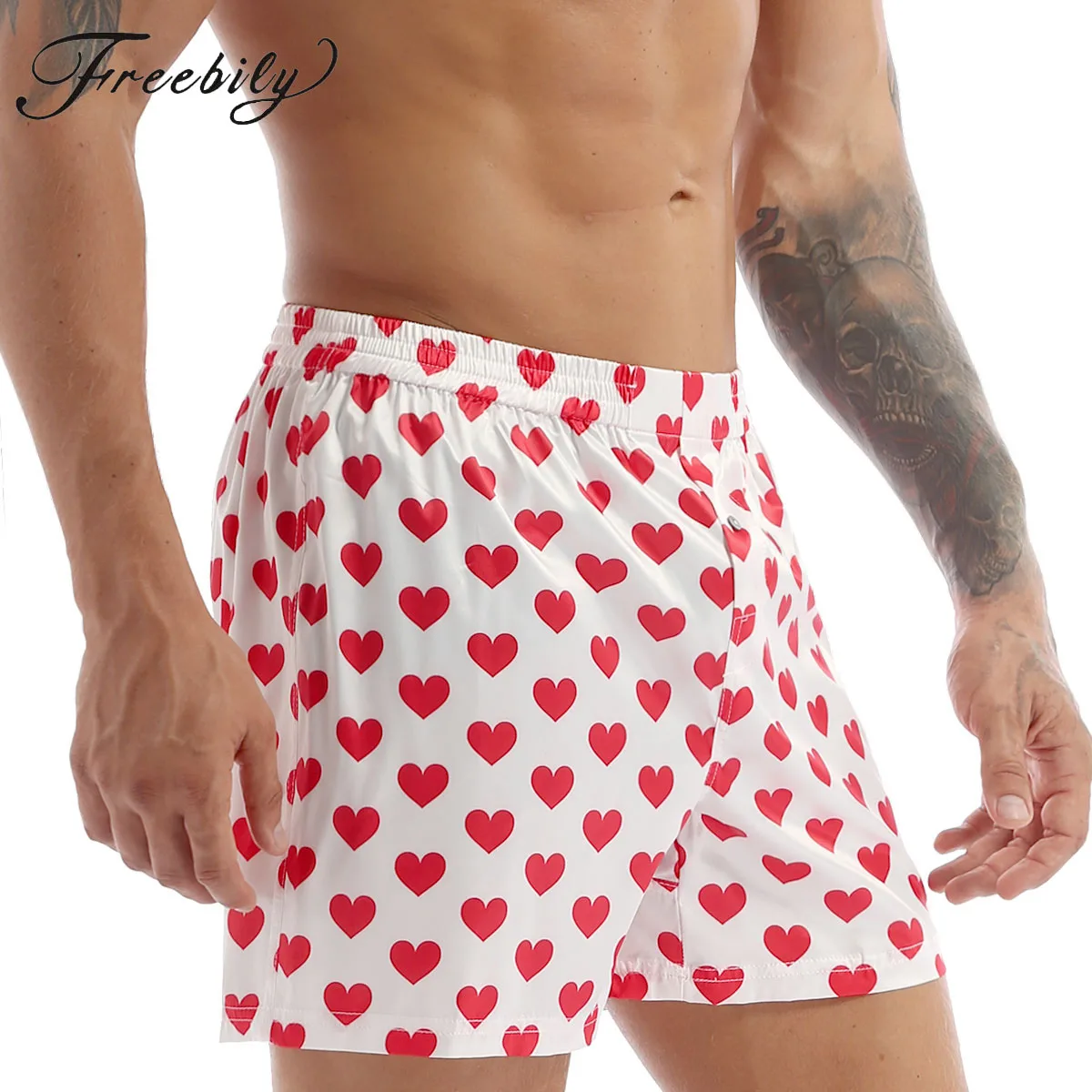 MMen boxer in raso di seta pantaloncini pigiama Summer Lounge pantaloni da notte Casual allentati intimo Love Heart Print